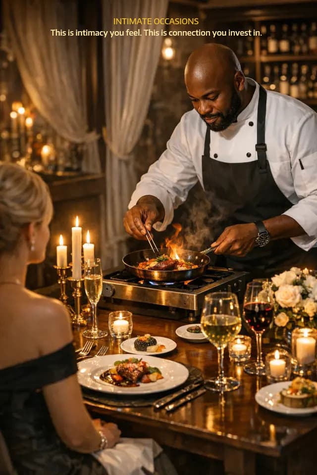Chef prepares a flaming dish tableside for a woman in a romantic, candlelit setting.