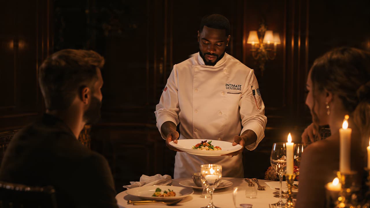 Chef in white coat serves a gourmet meal to a couple at a candlelit table.