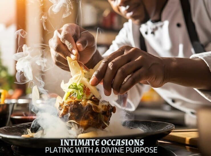 Black chef meticulously garnishes a steaming gourmet dish with precision in a professional kitchen.