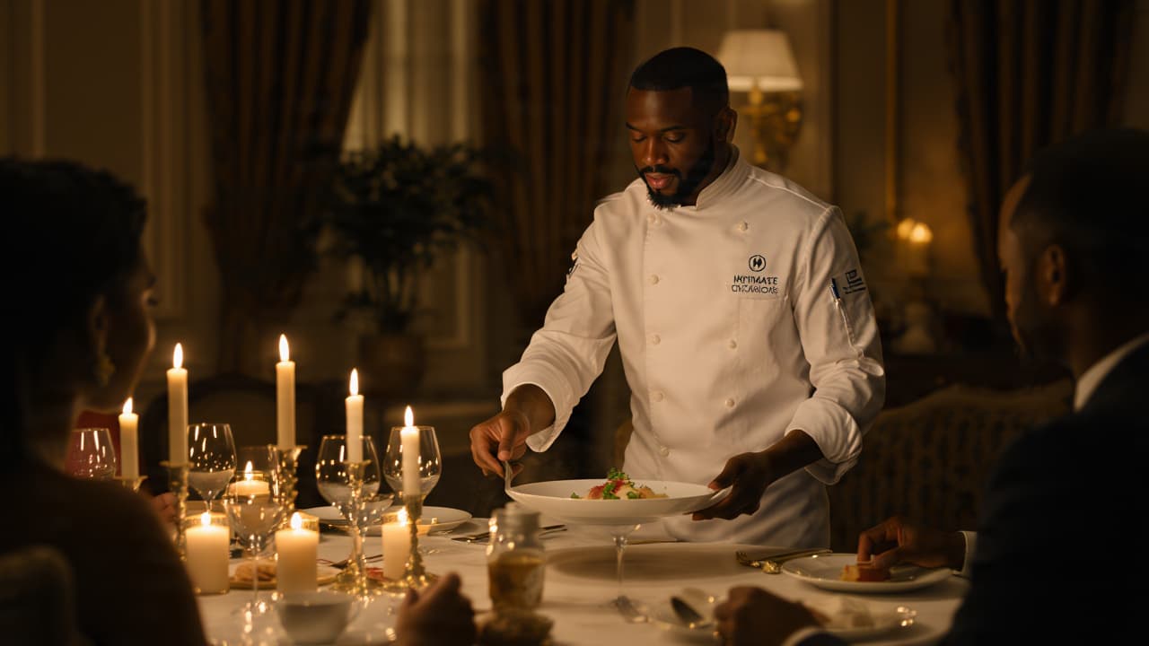 Professional chef serving a gourmet dish to guests at an elegant, candlelit dinner table.