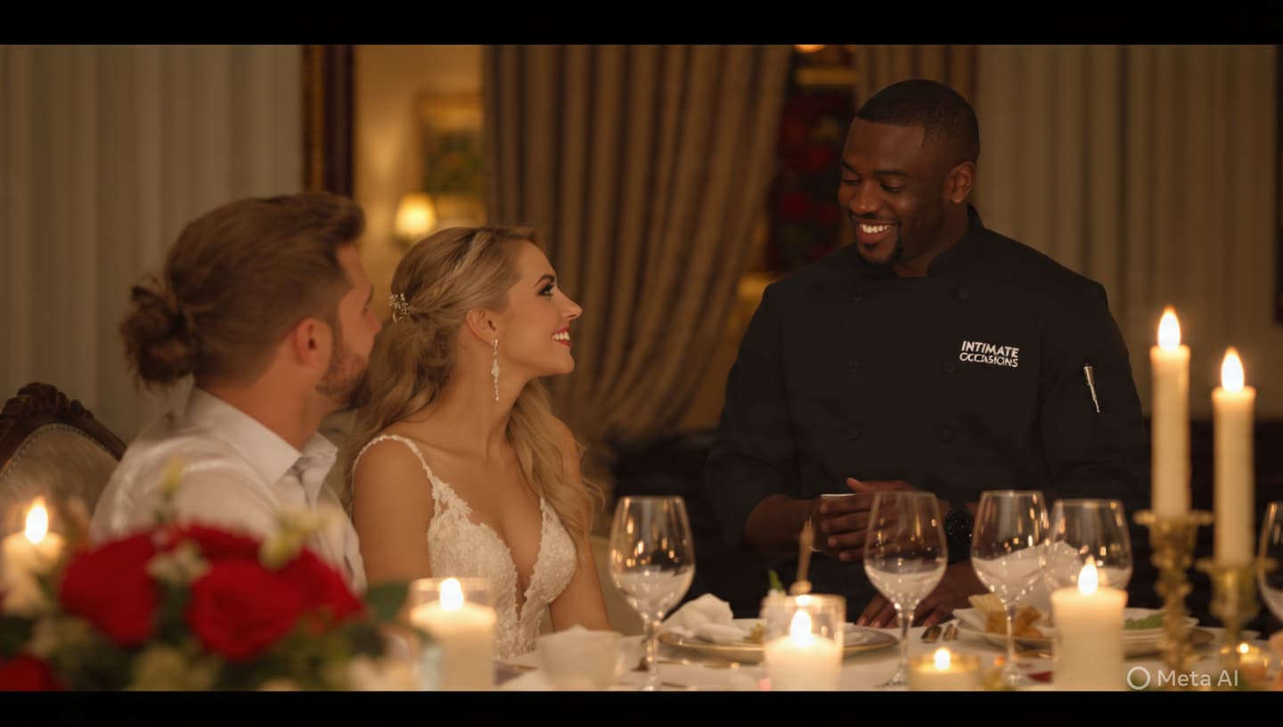 Smiling chef serves a couple at a romantic candlelit dinner table decorated with red roses.